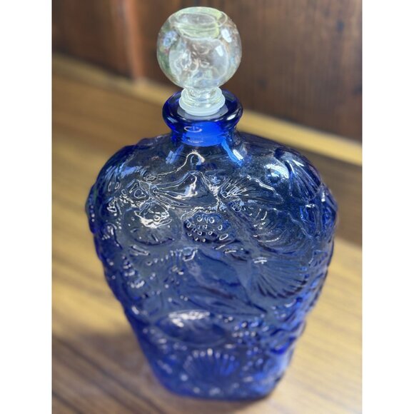 Vintage Cobalt Blue Glass Decanter With Embossed Fish & Sea Motif- SOLD - Picture 3 of 5